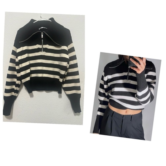 Zara Black and Beige Striped High Neck Quarter Zip Chunky Rib Knit Sweater XL - Picture 2 of 10